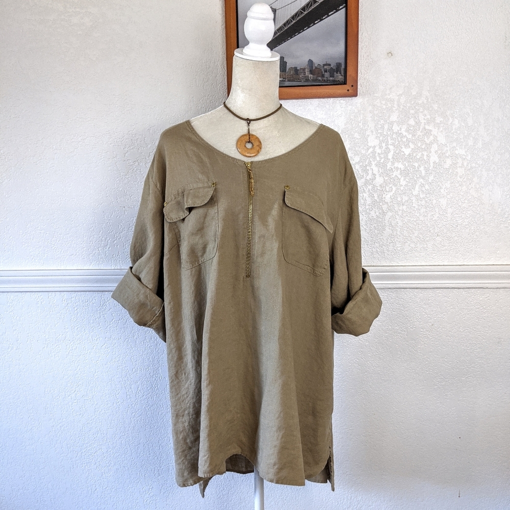 Ellen Tracy Khaki Linen Tunic Top Roll Tab Sleeves